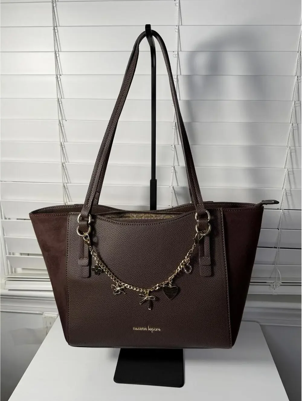 Nanette Lepore Chocolate Brown Pebbled Faux Leather & Suede Tote Bag Charm Chain - Picture 1 of 7